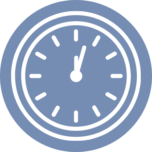 Grafisches Symbol einer analogen Uhr in blau auf transparentem Hintergrund.