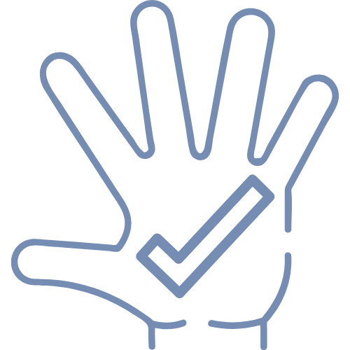 Grafik einer offenen Hand mit einem Häkchen-Symbol in der Handfläche, dargestellt in blauer Umrisslinie