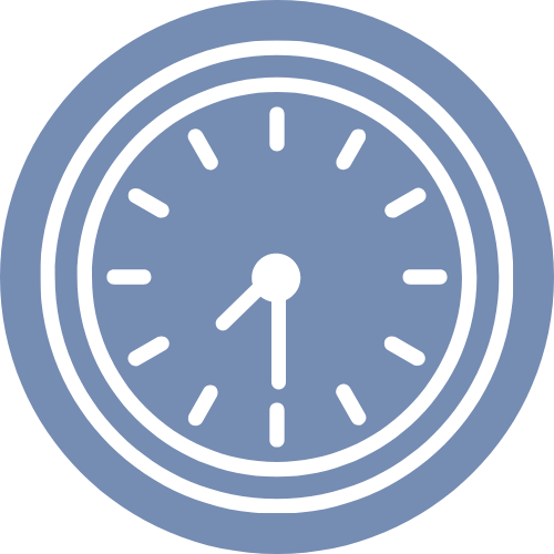 Grafisches Symbol einer analogen Uhr in blau auf transparentem Hintergrund.
