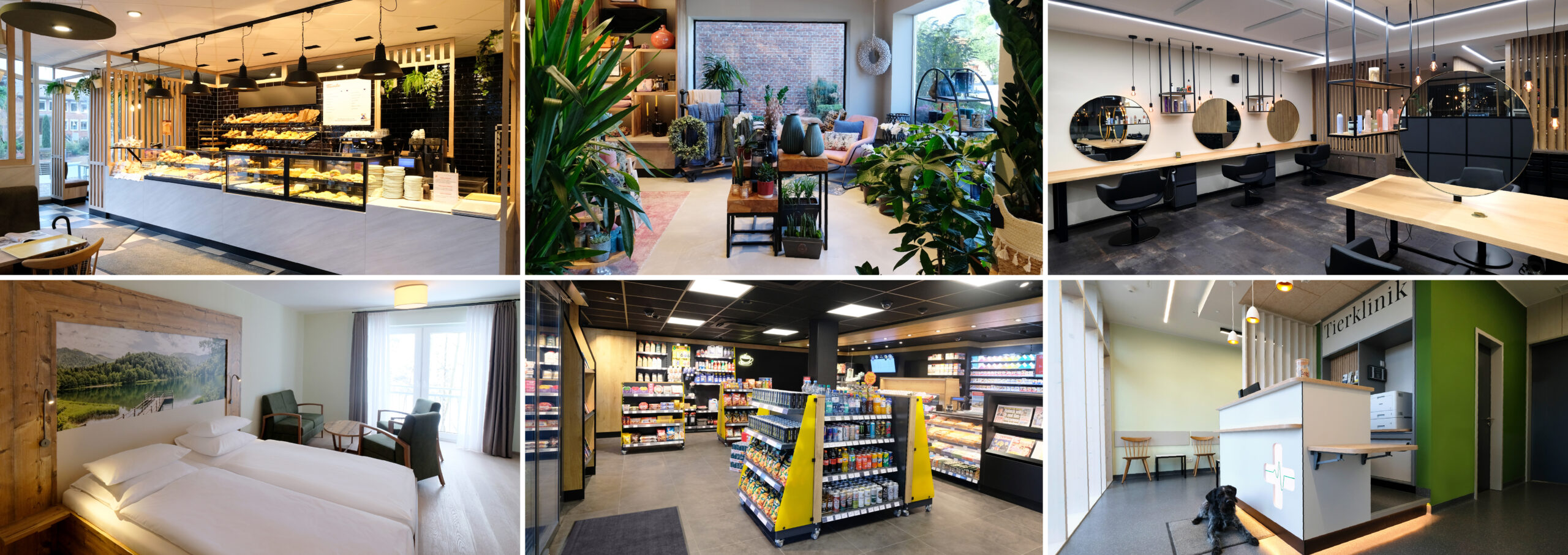 Collage mit Abbildung verschiedener Referenzen, von bäckerei über Blumenladen, Friseursalons, Hotels, Tankstellen und Tierpraxen. Eine gute Mischung der Projekte von Böschen Ladenbau.
