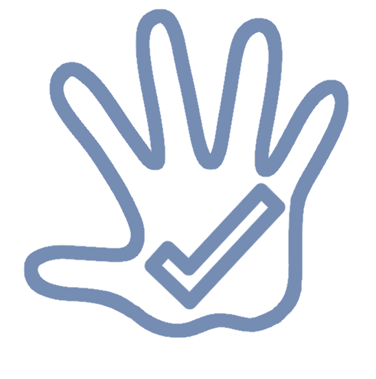 Grafik einer offenen Hand mit einem Häkchen-Symbol in der Handfläche, dargestellt in blauer Umrisslinie.