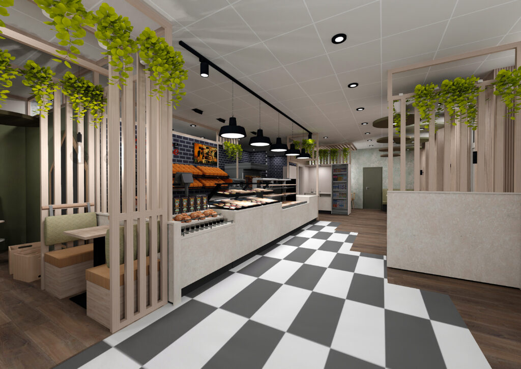 3D Pytha Visualisierung einer Bäckerei mit einem langen Tresen in weiß und drum herum einen schönen gemütlichen Sitzbereich in hellen Holztönen kombiniert mit braun und Grüntönen.
